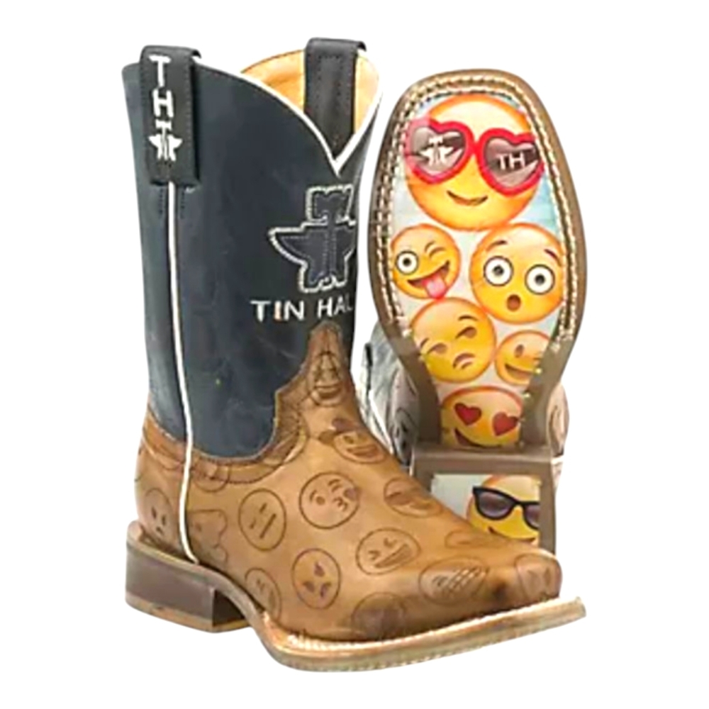 Kids TIN HAUL "EMOJI" navy blue &brown leather cowboy boots square toe sz 1 EUC